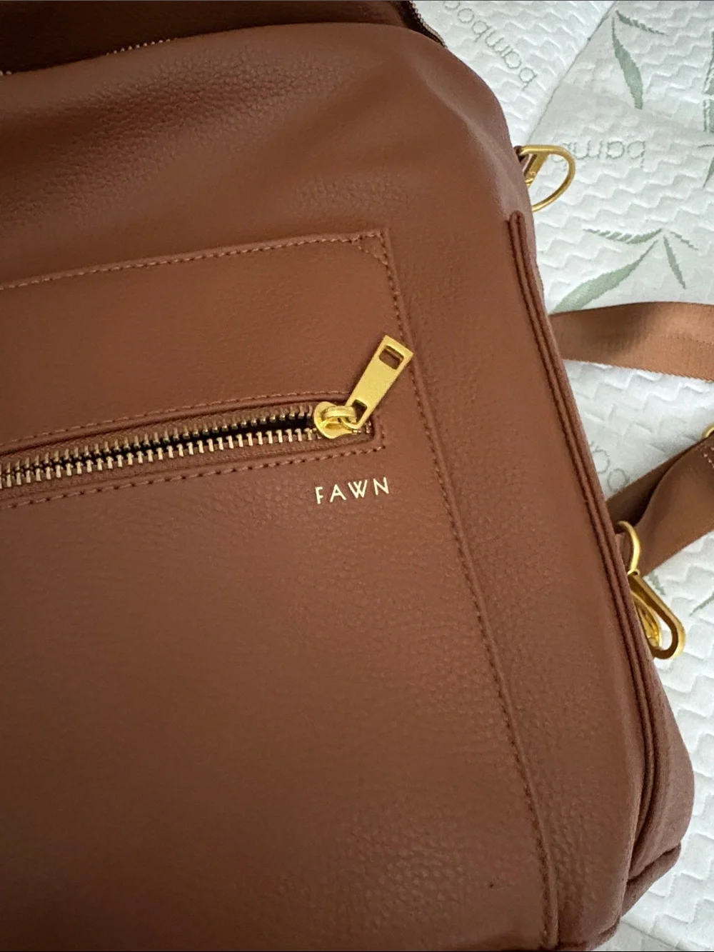 Fawn Pebbled Faux Leather diaper Backpack with Front Zip Pocket